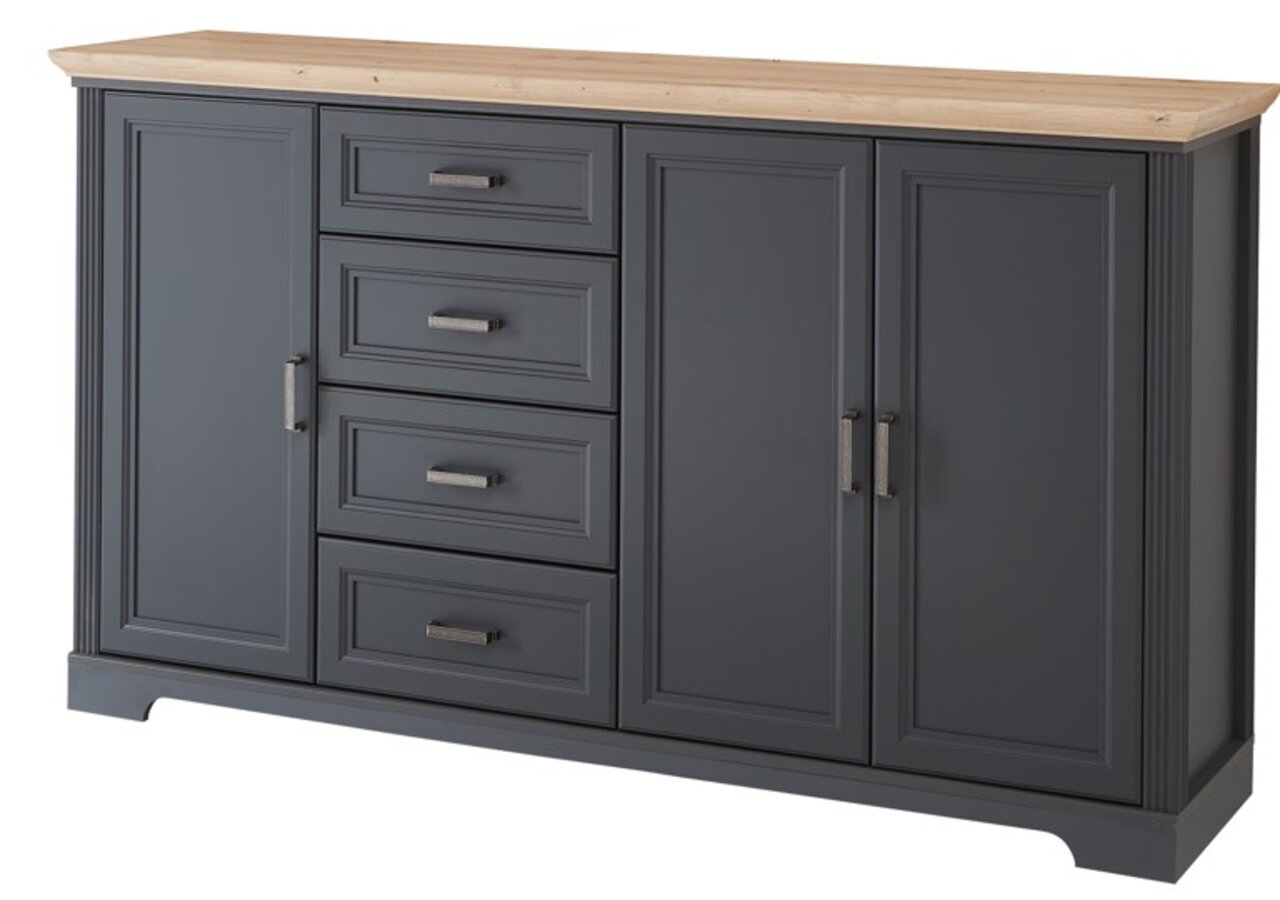 XL-Sideboard in dunklem Grau mit vier Schubladen und zwei Türen, Holzplatte oben, seitliche Perspektive