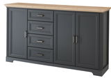 XL-Sideboard in dunklem Grau mit vier Schubladen und zwei Türen, Holzplatte oben, seitliche Perspektive