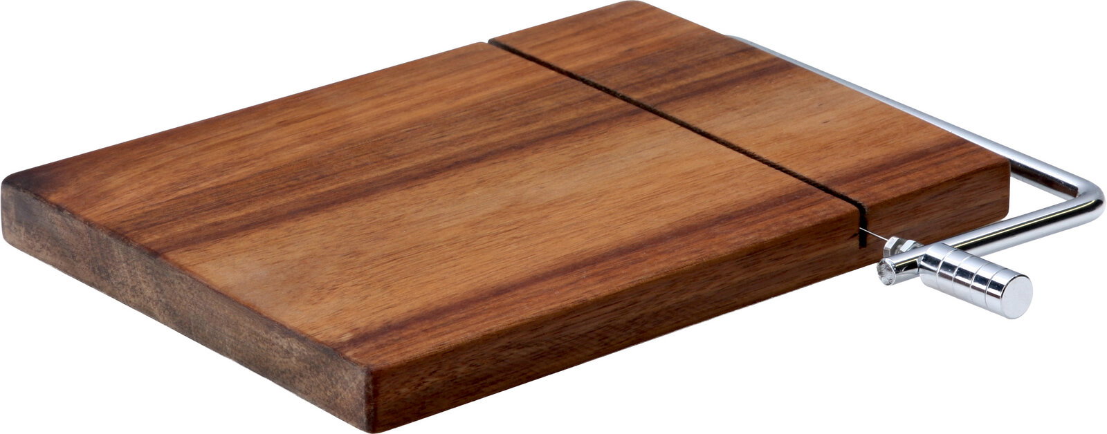 Holzbrett mit integrierter Drahtschneide und Metallgriff, schräg von oben in Seitenansicht freigestellt auf weißem Hintergrund