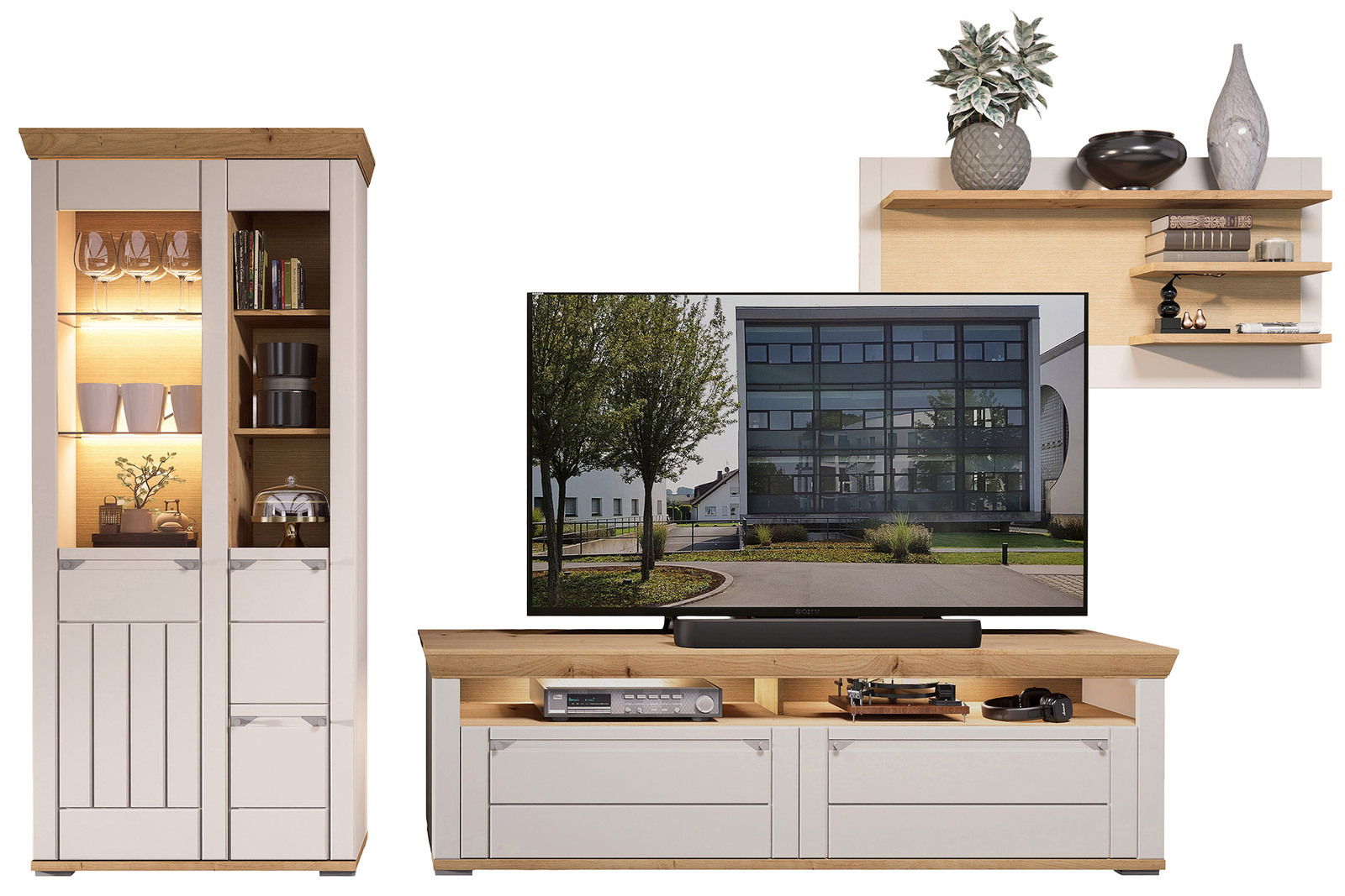 Landscape Wandcombinatie COLMAR Wandkombination mit Vitrine, TV-Schrank und Wandregal in moderner Holz-Optik, frontal betrachtet.