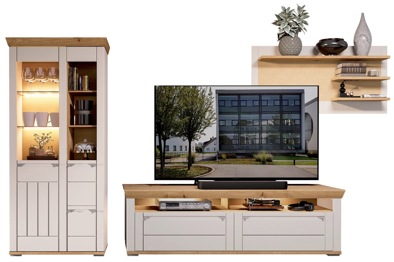 Landscape Wandkombination COLMAR Wandkombination mit Vitrine, TV-Schrank und Wandregal in moderner Holz-Optik, frontal betrachtet.