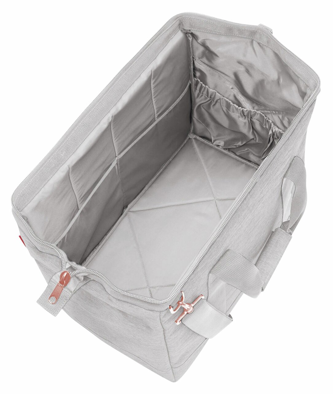 Graue Tasche mit roségoldenem Reißverschluss, von oben betrachtet, zeigt geräumiges Innenfach und elastische Seitentasche.