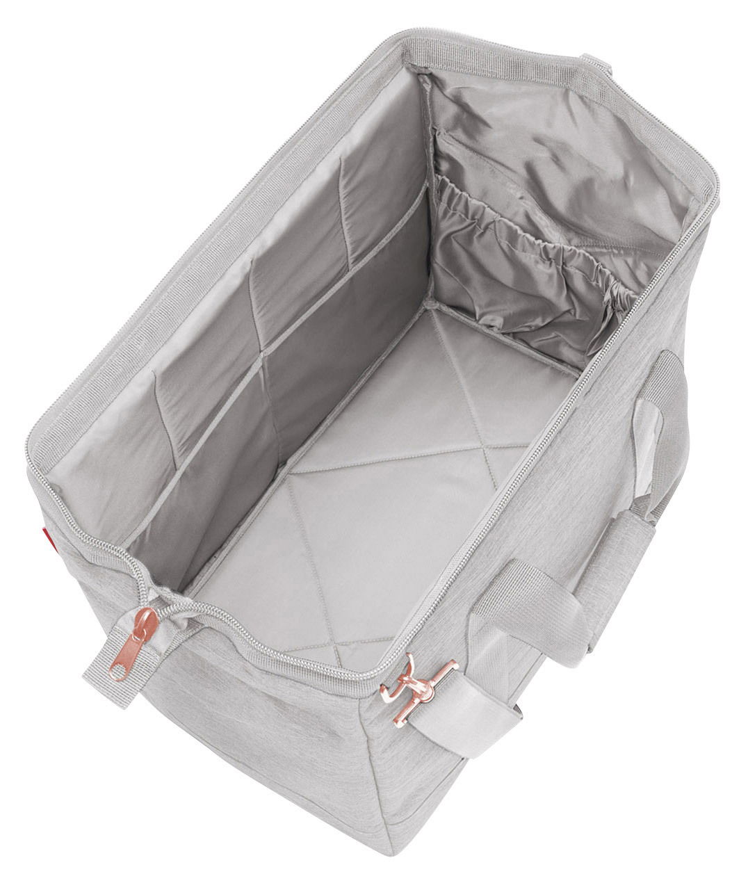 Graue Tasche mit roségoldenem Reißverschluss, von oben betrachtet, zeigt geräumiges Innenfach und elastische Seitentasche.