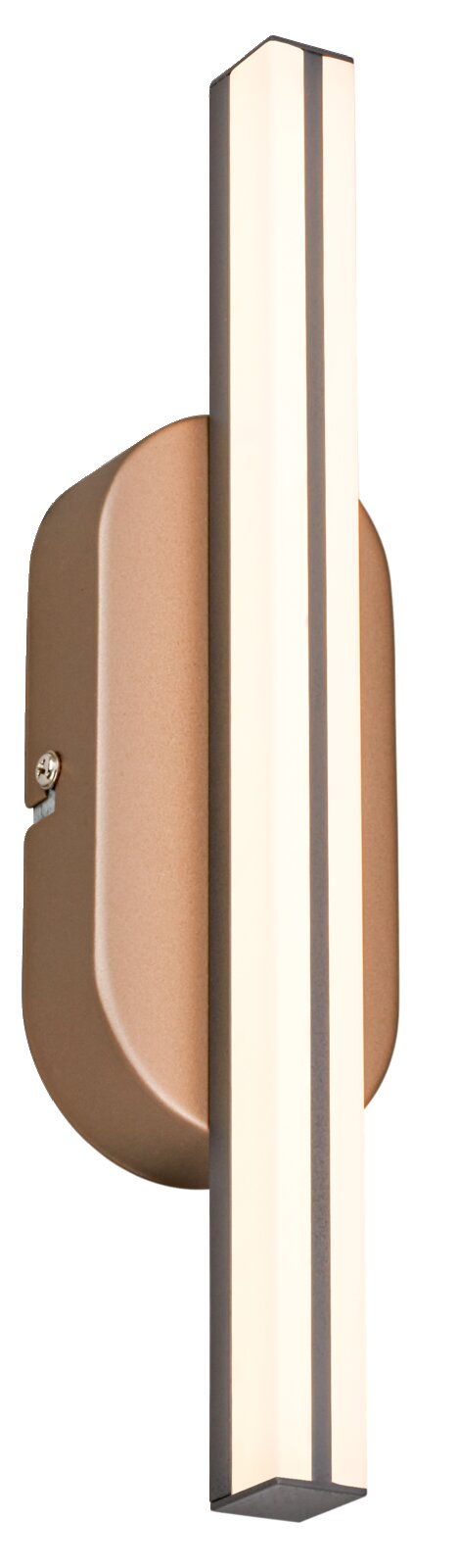Moderne, slanke LED-wandlamp in staafvorm met warmwitte diffuser en bronskleurige wandbevestiging, zijaanzicht op een witte achtergrond