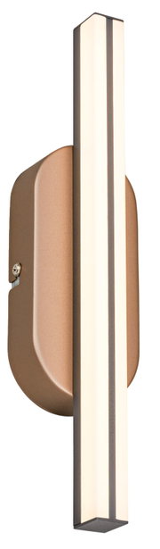 Moderne, slanke LED-wandlamp in staafvorm met warmwitte diffuser en bronskleurige wandbevestiging, zijaanzicht op een witte achtergrond