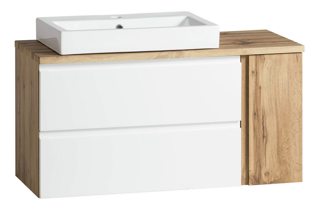 Waschtisch-Set 105 cm mit weißem Waschbecken und Holzoptik-Unterschrank, Frontalansicht