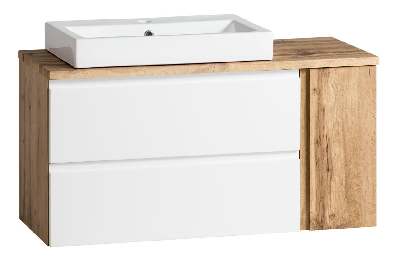 Waschtisch-Set 105 cm mit weißem Waschbecken und Holzoptik-Unterschrank, Frontalansicht