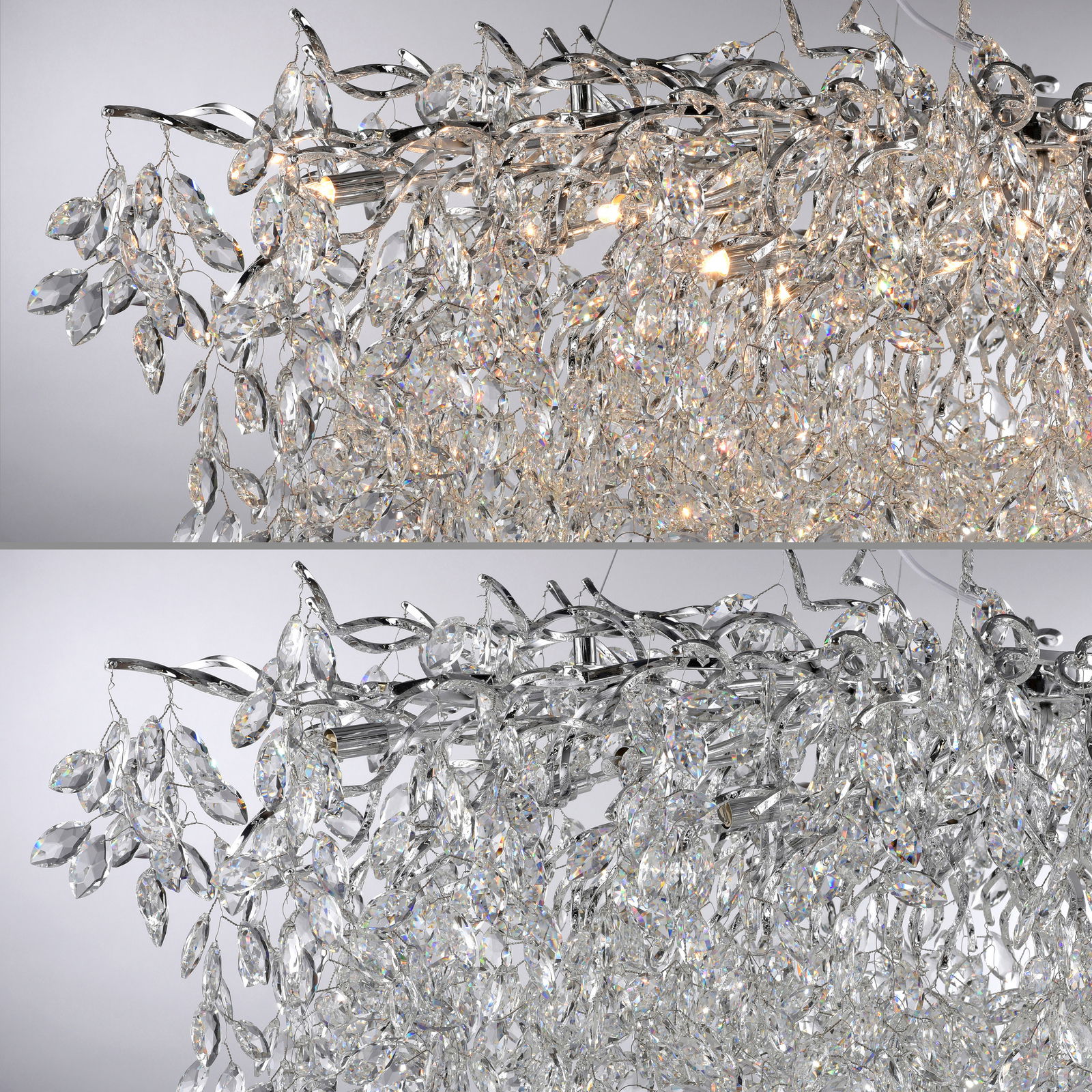 Nahaufnahme eines Kronleuchters mit funkelnden Kristallen und silbernen Details, seitliche Perspektive.