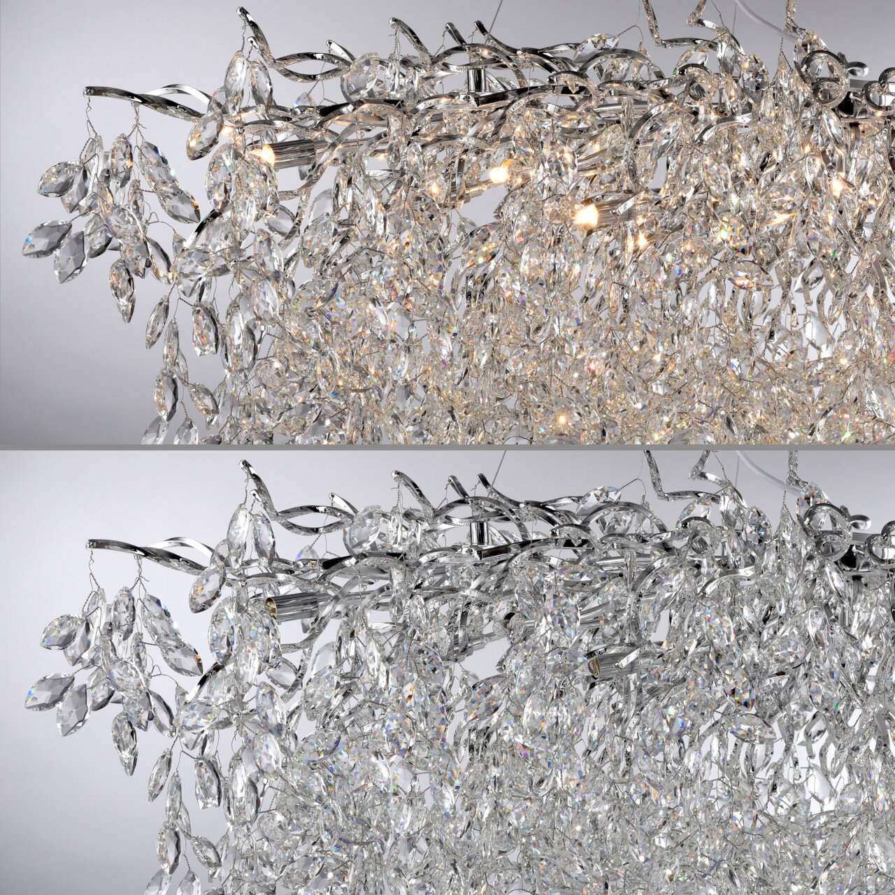 Nahaufnahme eines Kronleuchters mit funkelnden Kristallen und silbernen Details, seitliche Perspektive.