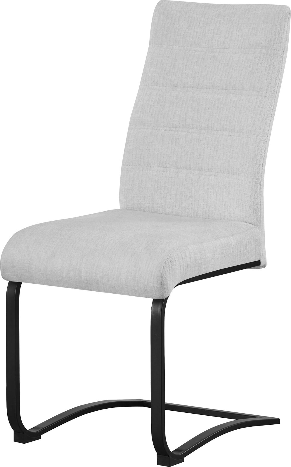 Beiger Polsterstuhl mit hoher Rückenlehne und schwarzem Freischwinger-Metallgestell, schräg von vorne links fotografiert.