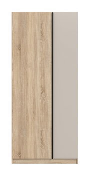 Frontansicht eines zweitürigen Schranks in heller Holzoptik mit einer glatten Tür in Beige/Grau und schmaler schwarzer Griffleiste