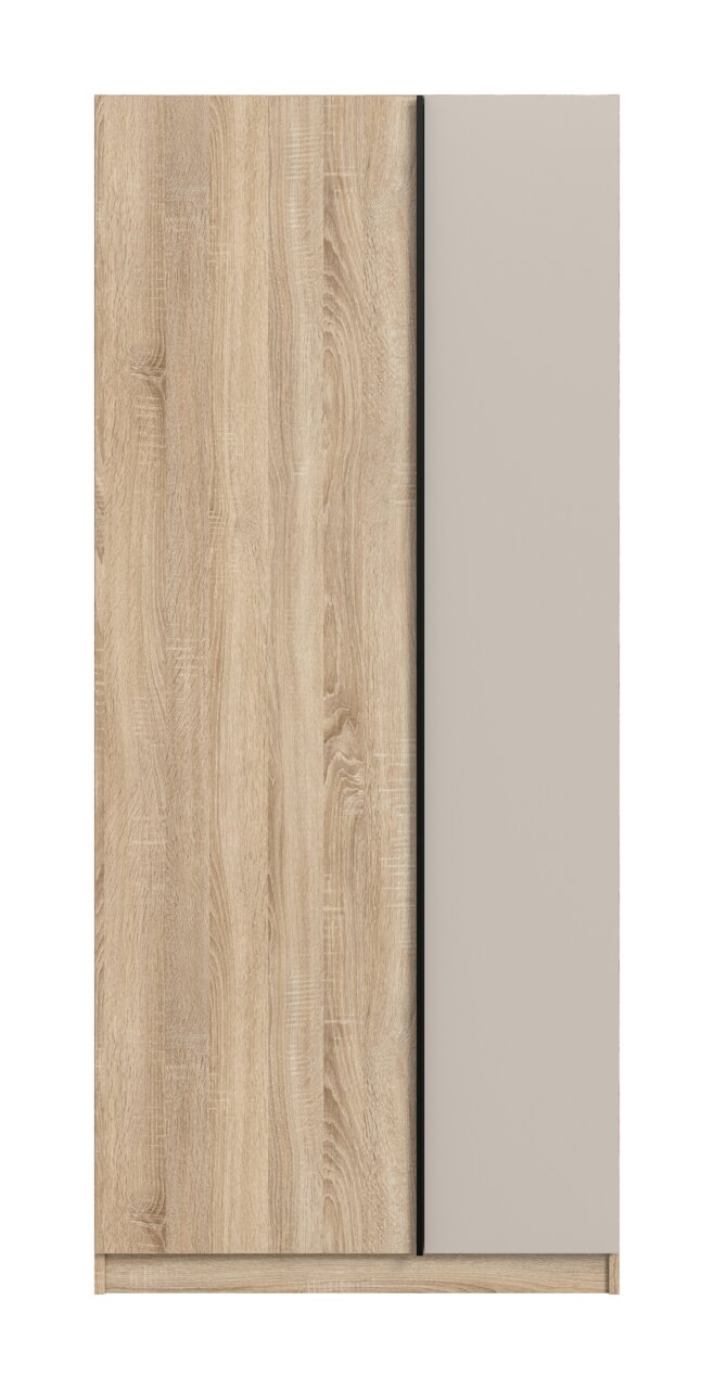 Frontansicht eines zweitürigen Schranks in heller Holzoptik mit einer glatten Tür in Beige/Grau und schmaler schwarzer Griffleiste
