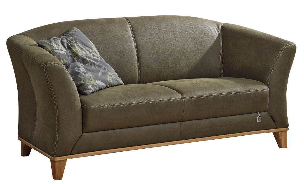 Grünes 2,5-Sitzer-Sofa mit Holzfüßen und einem gemusterten Kissen, seitliche Perspektive