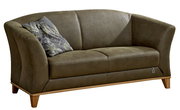 Grünes 2,5-Sitzer-Sofa mit Holzfüßen und einem gemusterten Kissen, seitliche Perspektive