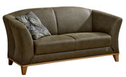 Grünes 2,5-Sitzer-Sofa mit Holzfüßen und einem gemusterten Kissen, seitliche Perspektive