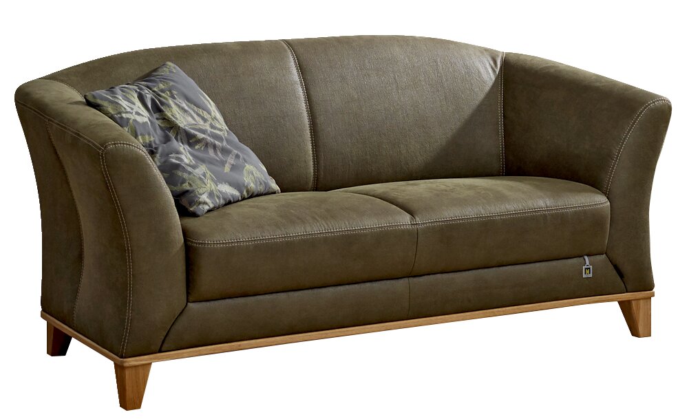 Grünes 2,5-Sitzer-Sofa mit Holzfüßen und einem gemusterten Kissen, seitliche Perspektive