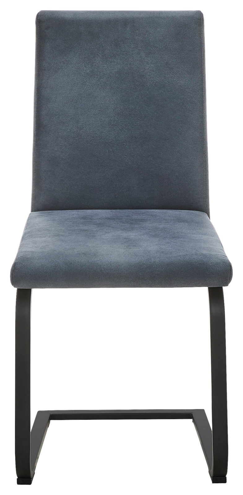 Moderner Stuhl mit grauem Stoffbezug und schwarzem Metallgestell, Frontalansicht