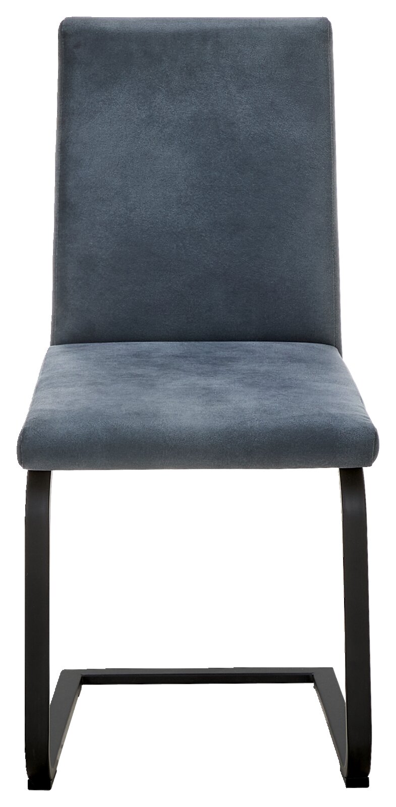 Moderne stoel met grijze stoffen bekleding en zwart metalen frame, vooraanzicht
