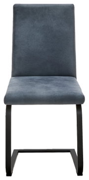 Moderne stoel met grijze stoffen bekleding en zwart metalen frame, vooraanzicht