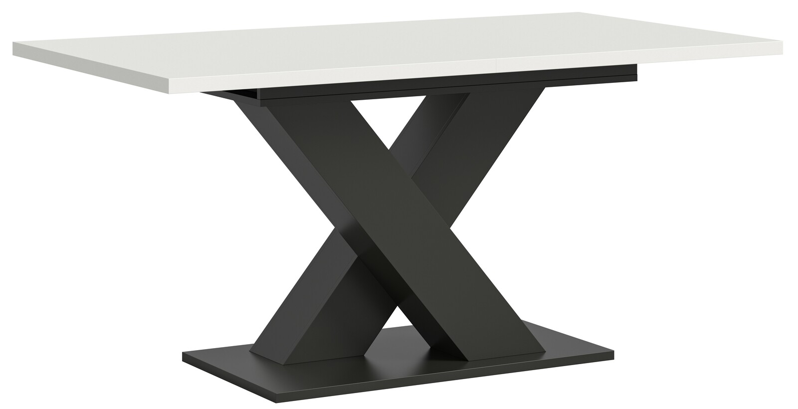 Moderner Esstisch mit weißer Tischplatte und schwarzem X-förmigem Gestell, seitliche Perspektive