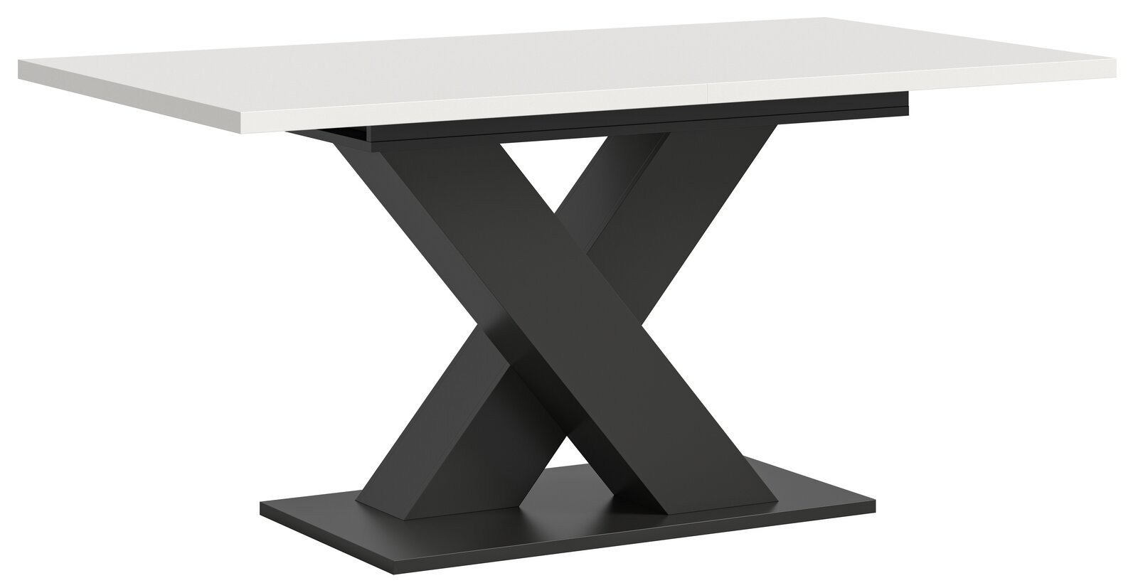 MID.YOU Esstisch MOTION Moderner Esstisch mit weißer Tischplatte und schwarzem X-förmigem Gestell, seitliche Perspektive