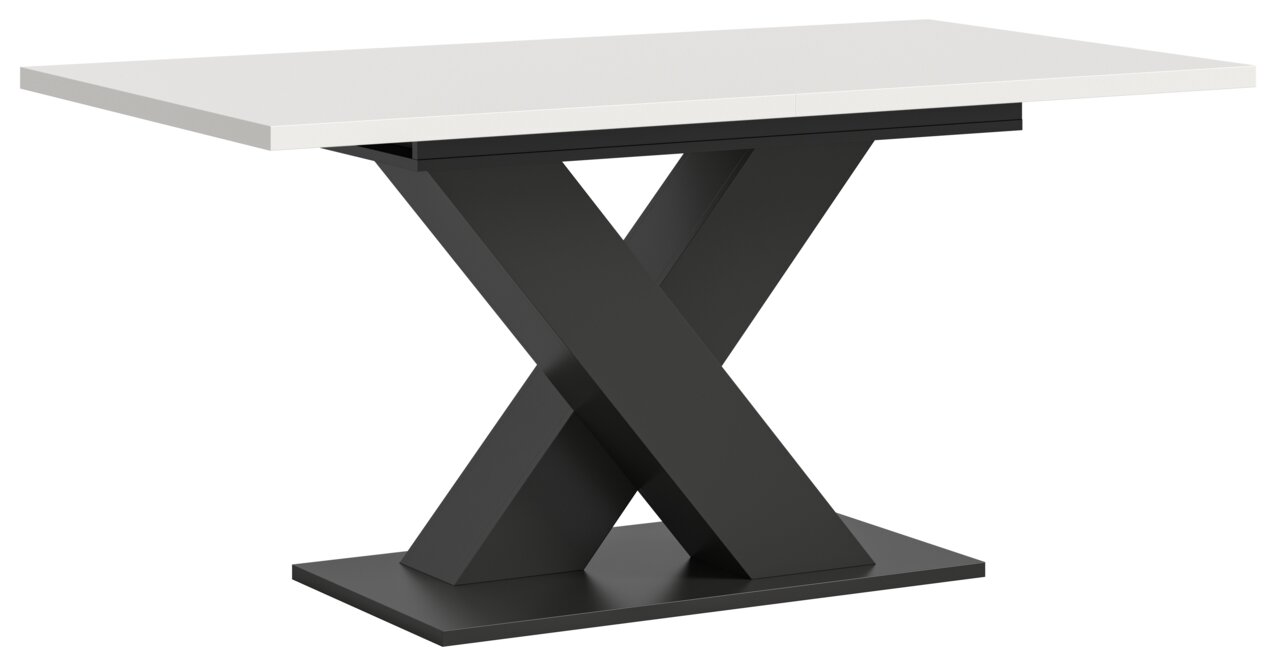 MID.YOU Esstisch MOTION Moderner Esstisch mit weißer Tischplatte und schwarzem X-förmigem Gestell, seitliche Perspektive