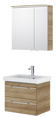 Badezimmermöbel-Set mit Spiegelschrank und Waschbeckenunterschrank in Holzoptik, Frontalansicht