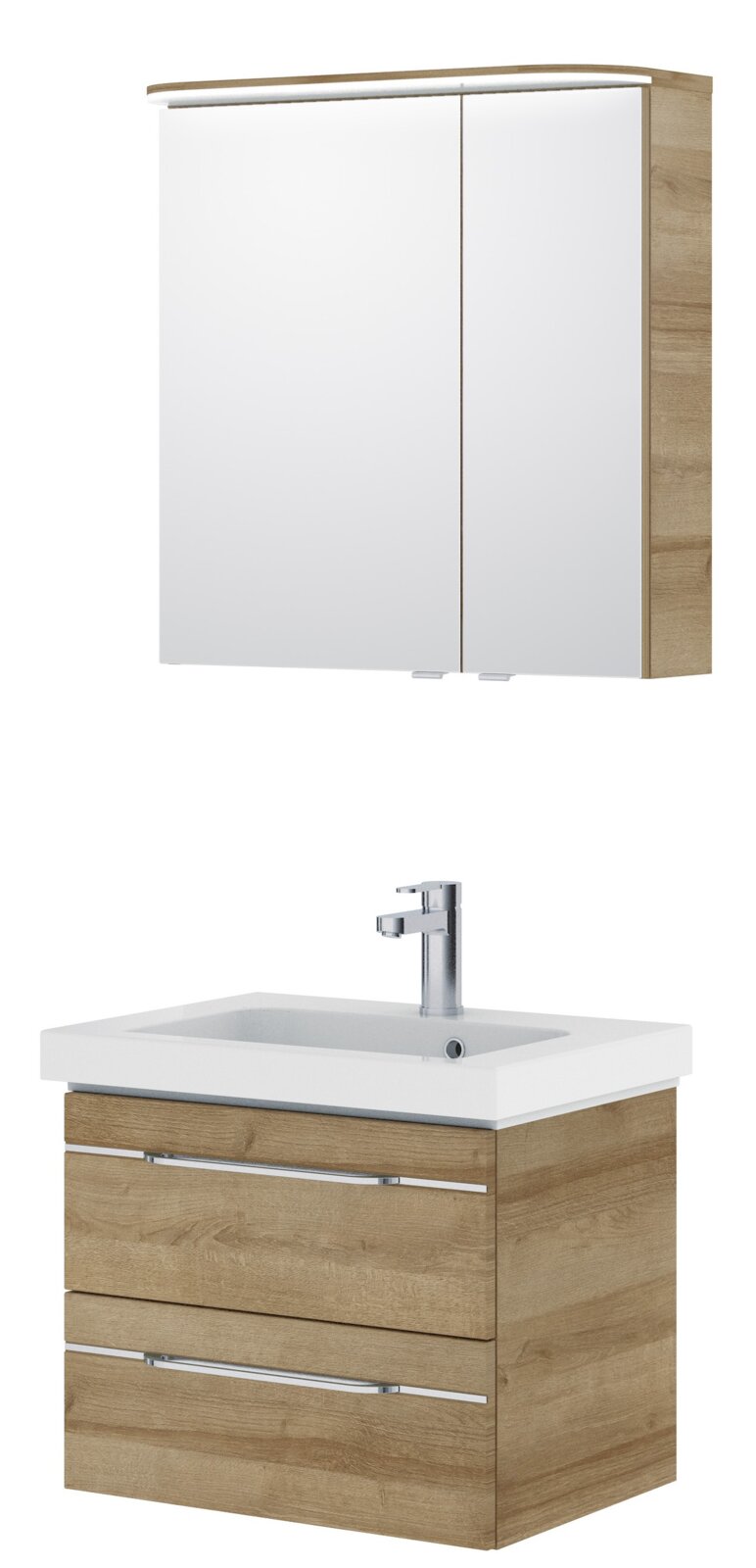 Badezimmermöbel-Set mit Spiegelschrank und Waschbeckenunterschrank in Holzoptik, Frontalansicht