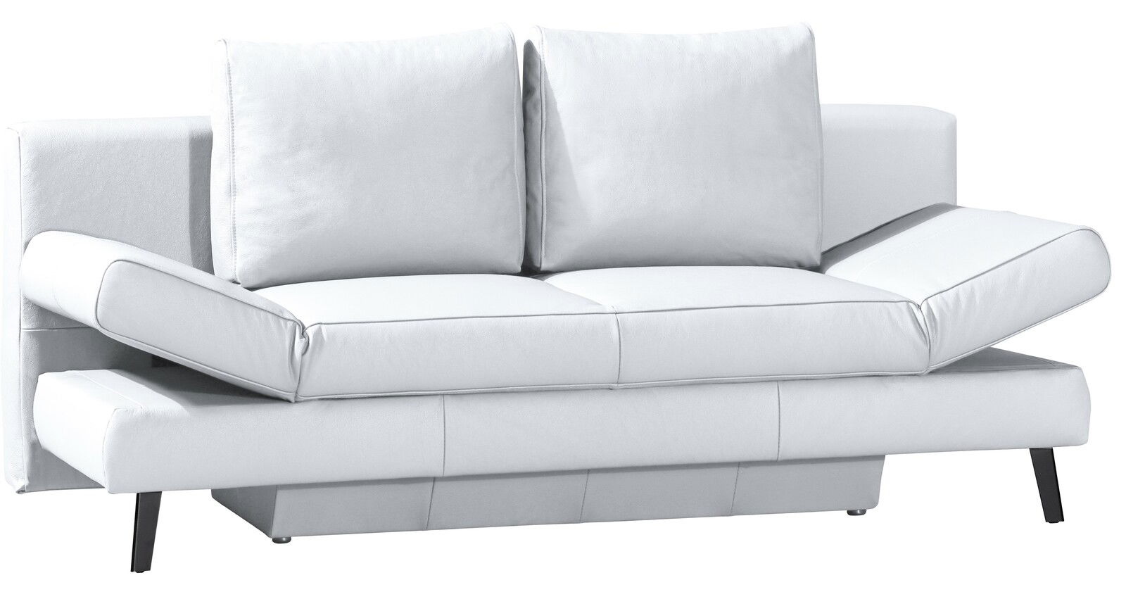 Weißer Querschläfer-Sofa mit verstellbaren Armlehnen, frontal betrachtet.