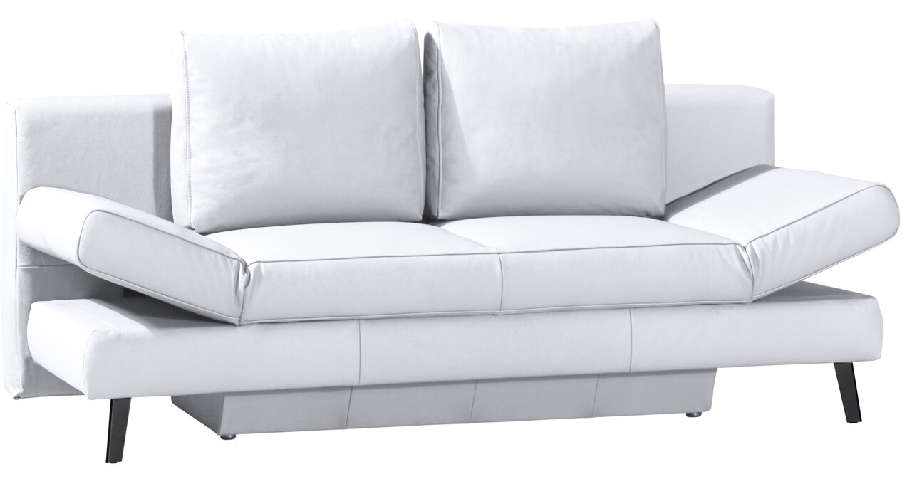 Weißer Querschläfer-Sofa mit verstellbaren Armlehnen, frontal betrachtet.