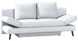 Weißer Querschläfer-Sofa mit verstellbaren Armlehnen, frontal betrachtet.