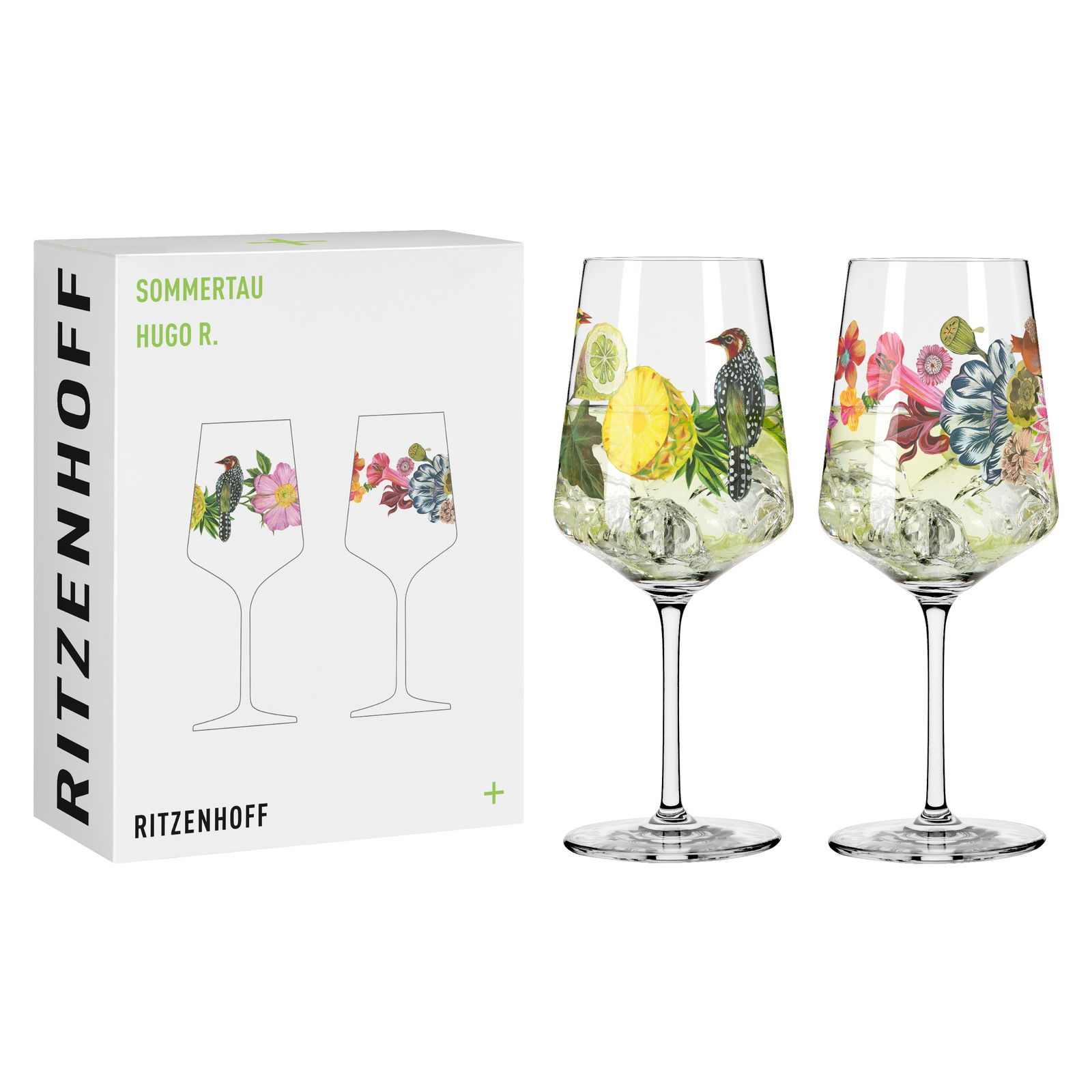 Zwei elegante Weingläser mit buntem Blumen- und Vogelmotiv, präsentiert in einer stilvollen Verpackung. Frontalansicht.