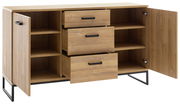 Holz-Sideboard mit offenen Türen und Schubladen, seitliche Perspektive