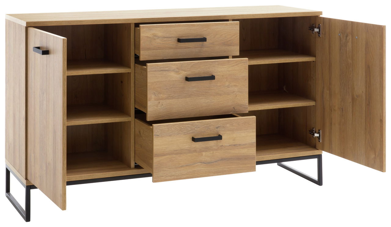 Holz-Sideboard mit offenen Türen und Schubladen, seitliche Perspektive