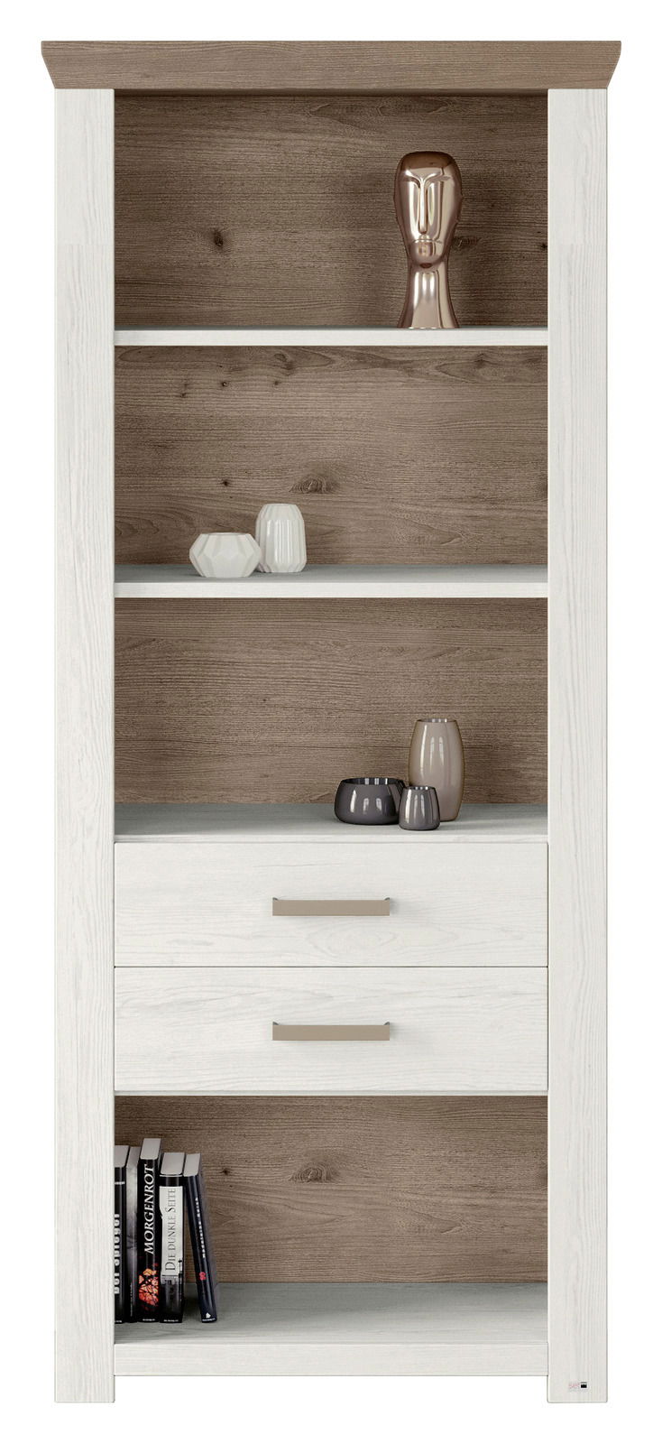 Regal mit zwei Schubladen und mehreren Fächern, frontal fotografiert. Dekoriert mit Vasen und Büchern.