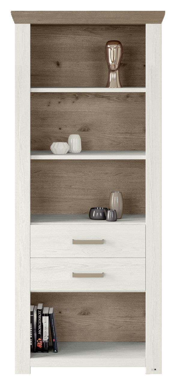 Regal mit zwei Schubladen und mehreren Fächern, frontal fotografiert. Dekoriert mit Vasen und Büchern.