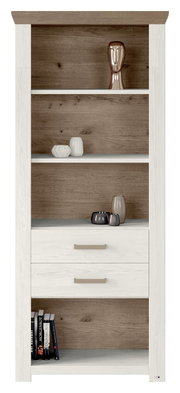 Regal mit zwei Schubladen und mehreren Fächern, frontal fotografiert. Dekoriert mit Vasen und Büchern.