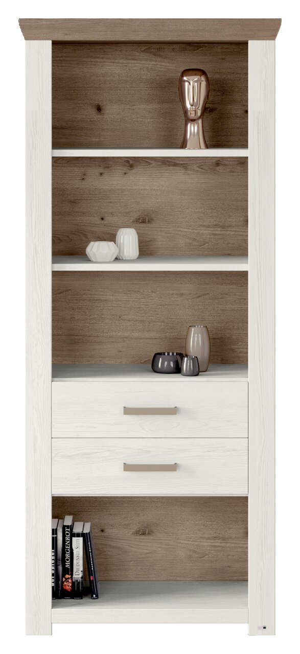 Regal mit zwei Schubladen und mehreren Fächern, frontal fotografiert. Dekoriert mit Vasen und Büchern.