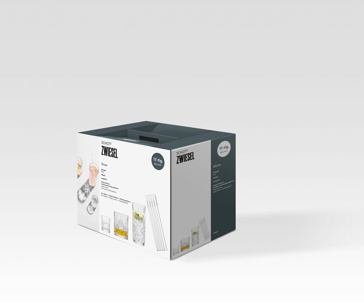 Verpackung des 17-teiligen Bechersets Show von Schott Zwiesel, schräg von vorne fotografiert.