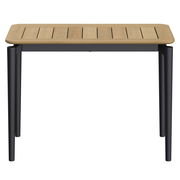 Moderner Beistelltisch mit Holzplatte und schwarzen Metallbeinen, Frontalansicht