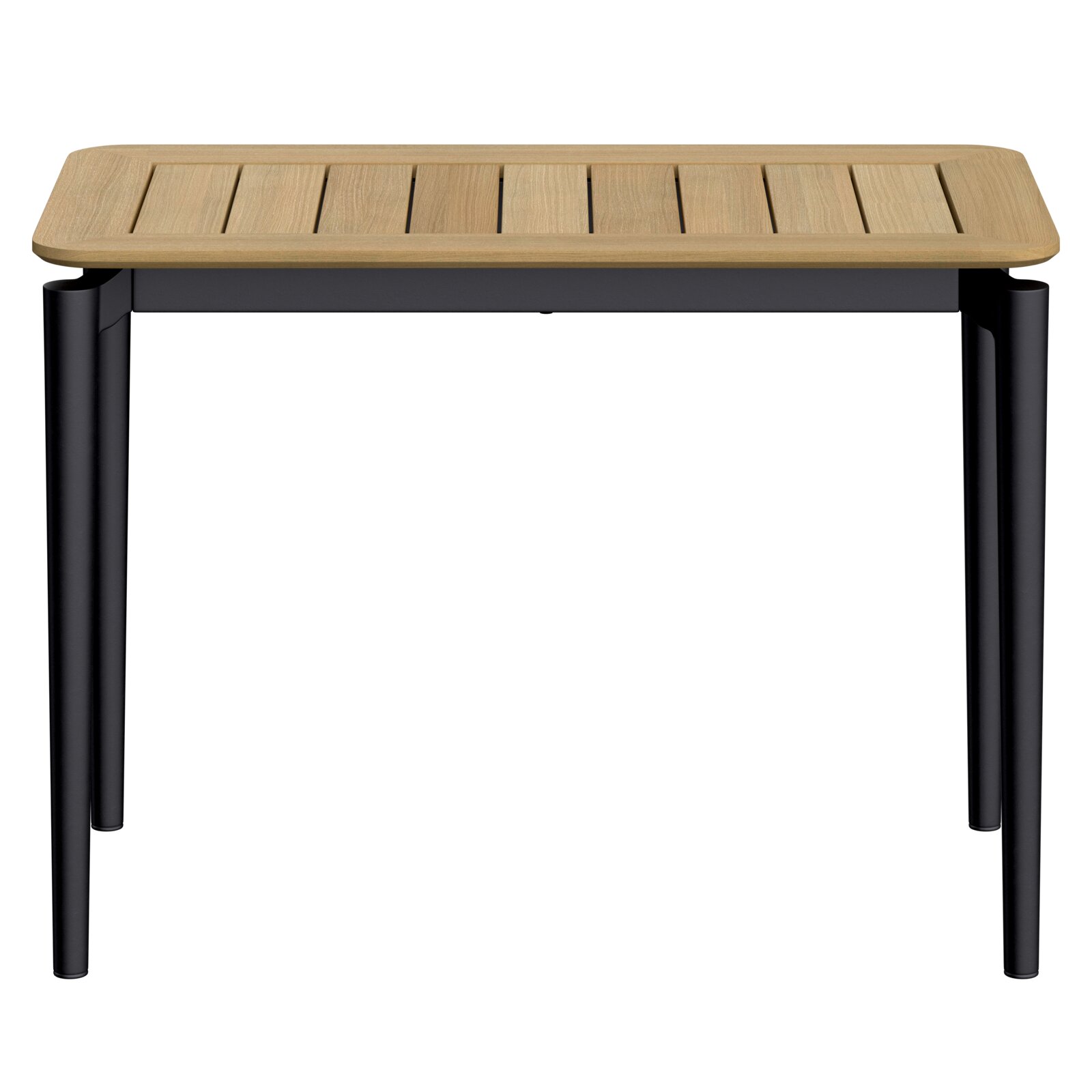 Moderner Beistelltisch mit Holzplatte und schwarzen Metallbeinen, Frontalansicht