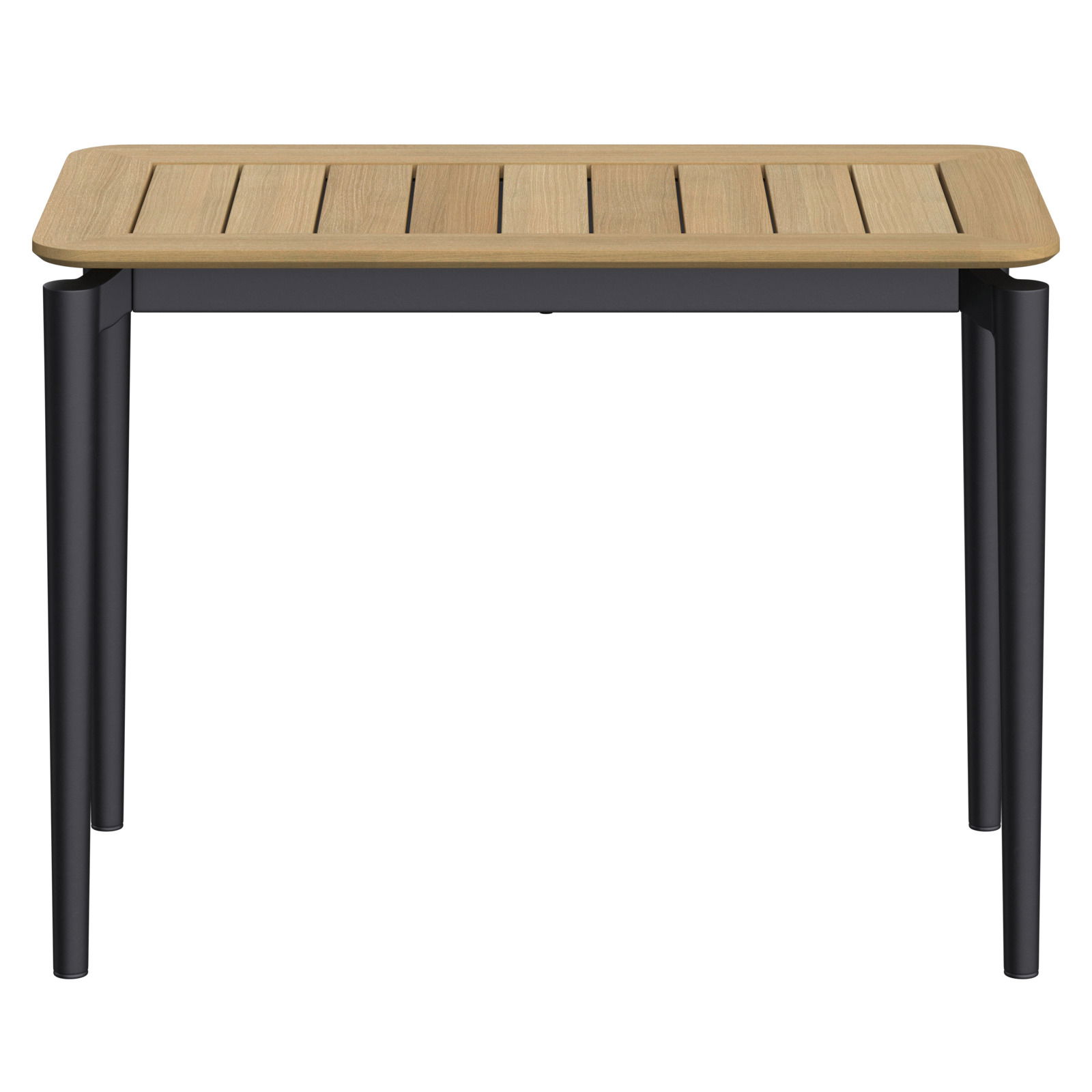 Moderner Beistelltisch mit Holzplatte und schwarzen Metallbeinen, Frontalansicht