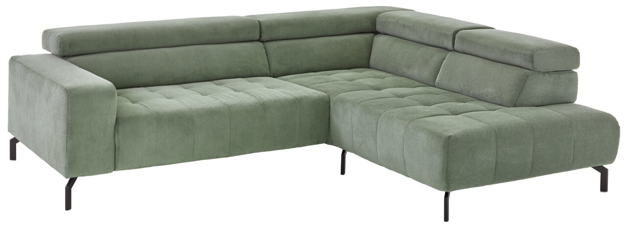 Grüne Eckgarnitur mit modernem Design, Ansicht von schräg vorne.