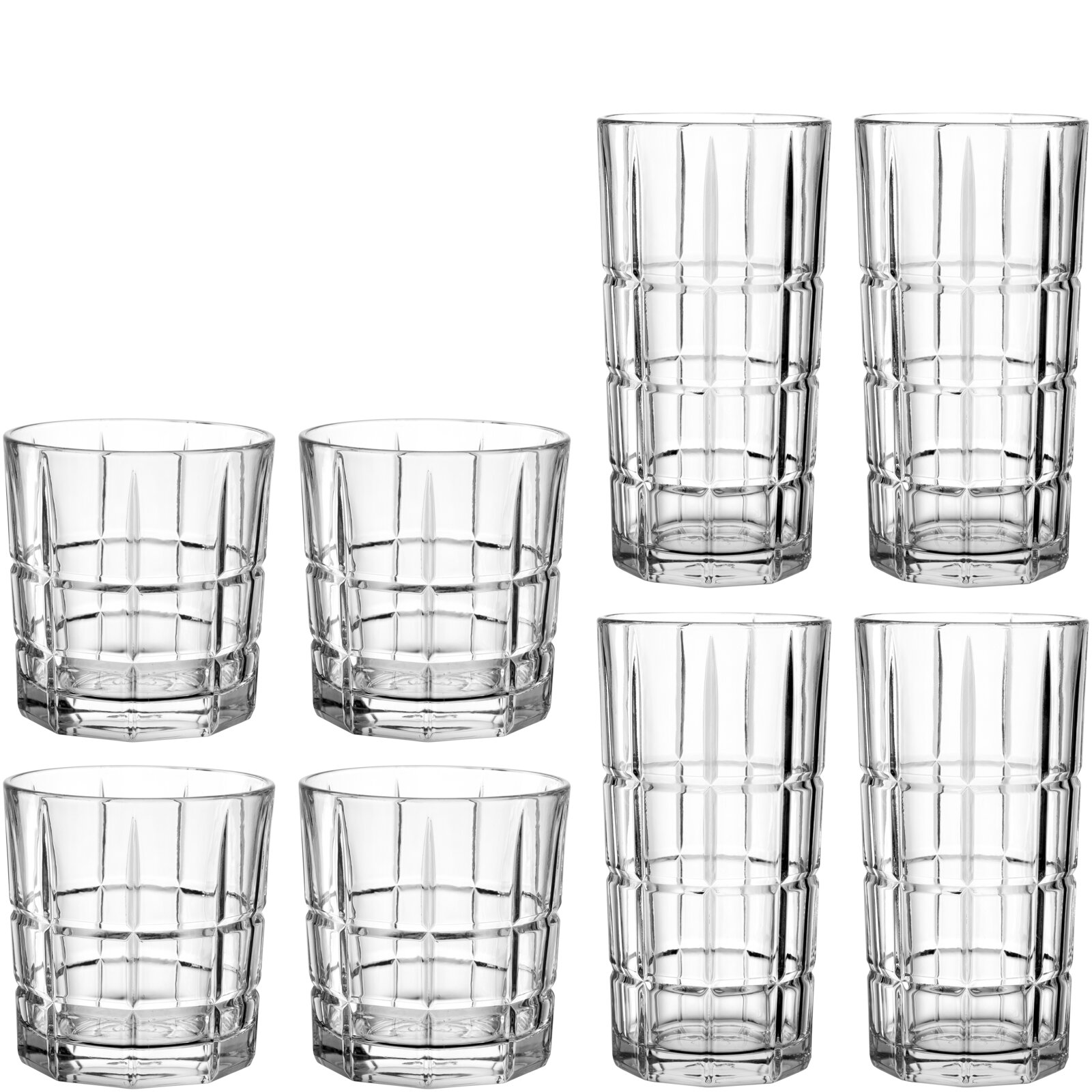 Set van 8 transparante glazen met reliëfpatroon (4 lage tumblerglazen en 4 hoge longdrinkglazen), frontale productfoto op witte achtergrond