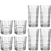 Sechsteiliges Set transparenter Trinkgläser mit facettiertem, geriffeltem Design – vier hohe Longdrinkgläser und zwei niedrige Tumbler, frontal aus leicht erhöhter Perspektive vor weißem Hintergrund