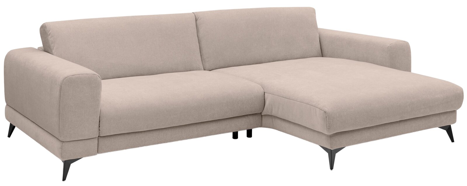 Set one by Musterring Ecksofa SET ONE MIDLAND Beiges Ecksofa mit Recamiere rechts, gepolsterter Stoffbezug, breiten Armlehnen und schwarzen Metallfüßen, Ansicht schräg von vorne