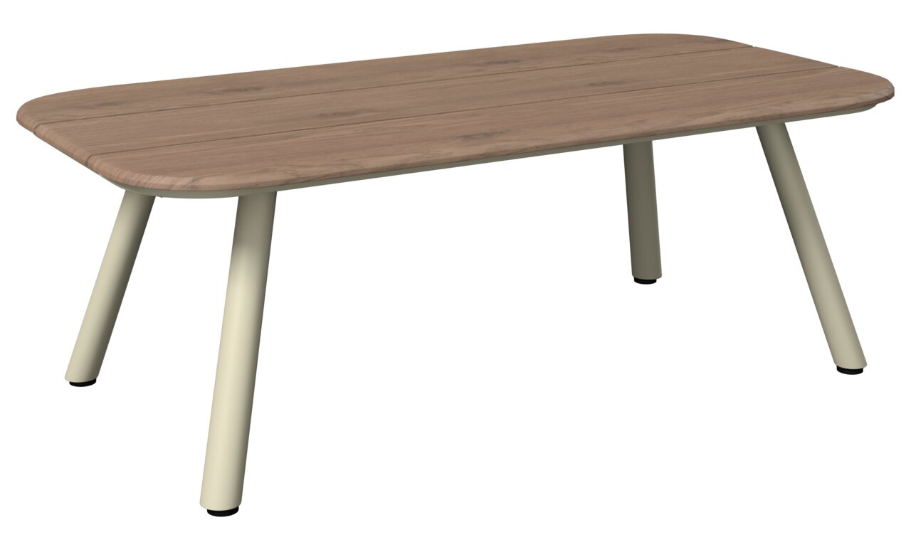 Moderne tuintafel met houtlook en metalen poten, zijaanzicht