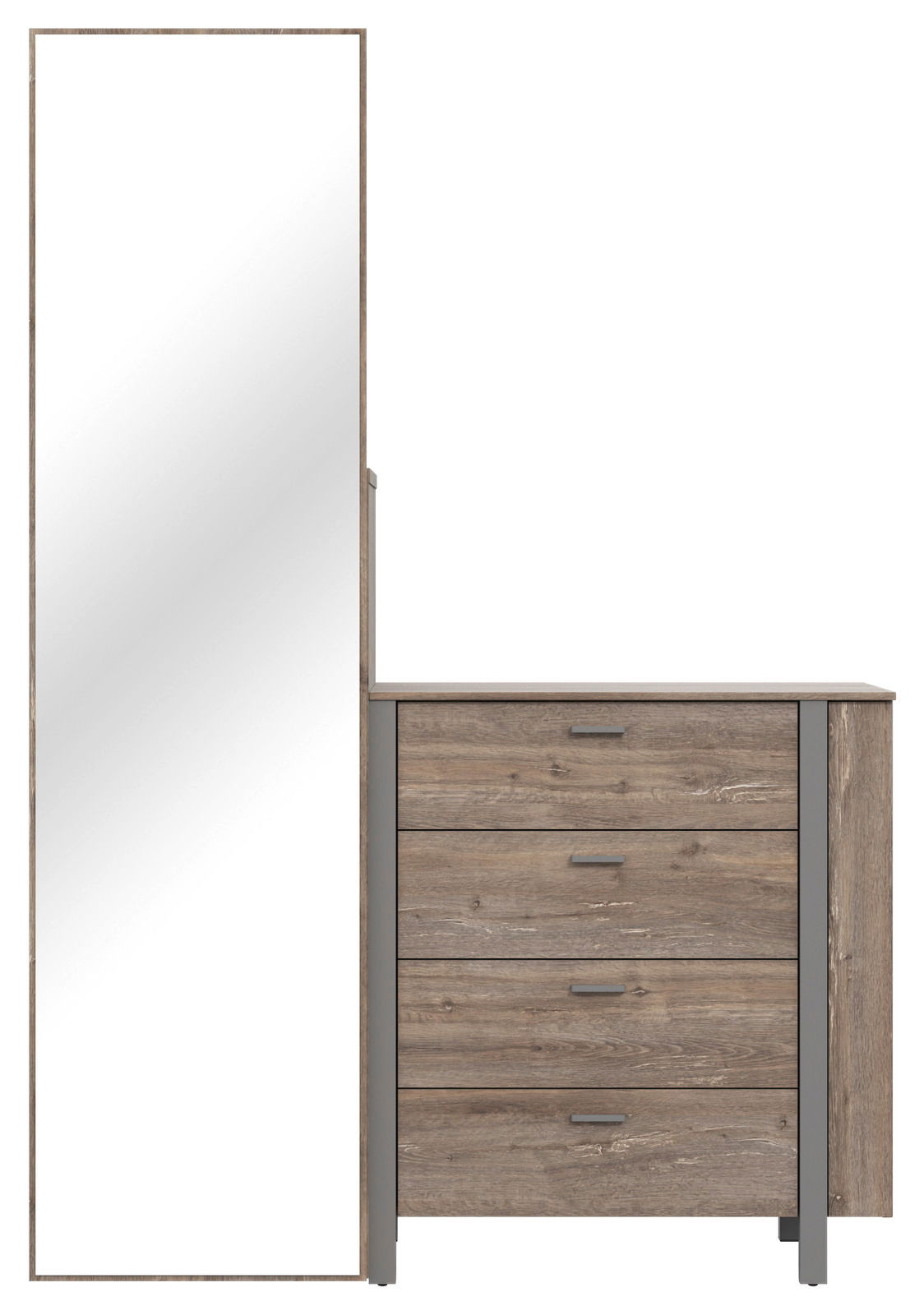 Kommode mit Spiegel in Holzoptik, frontal abgebildet. Die Kommode hat vier Schubladen und einen großen, schmalen Spiegel auf der linken Seite.
