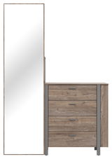 Kommode mit Spiegel in Holzoptik, frontal abgebildet. Die Kommode hat vier Schubladen und einen großen, schmalen Spiegel auf der linken Seite.