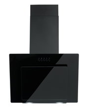Schwarze, wandmontierte Kopffreihaube/Dunstabzugshaube mit Glasfront und Kamin, frontal von vorne fotografiert